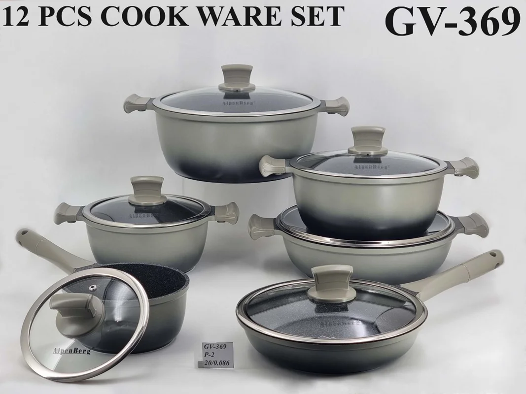 سرویس پخت و پز قابلمه 12پارچ گرانیت آلپنبرگ(gv) بدنه داخلی نانو گرانیت طبیعی